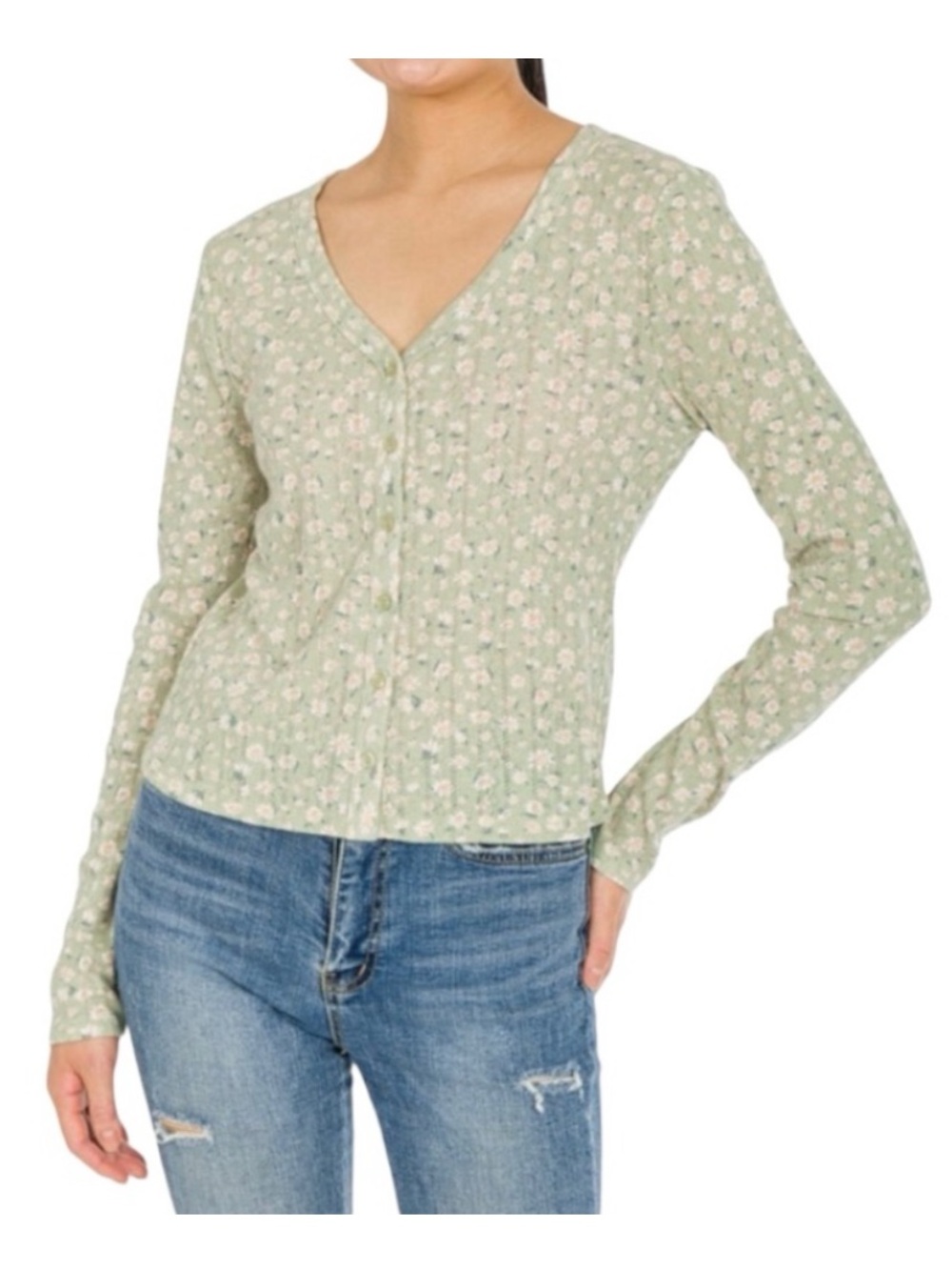 HIPPIE ROSE FLORAL PRINT POINTELLE TOP *NEW *V-NECK JUNIORS MEDIUM